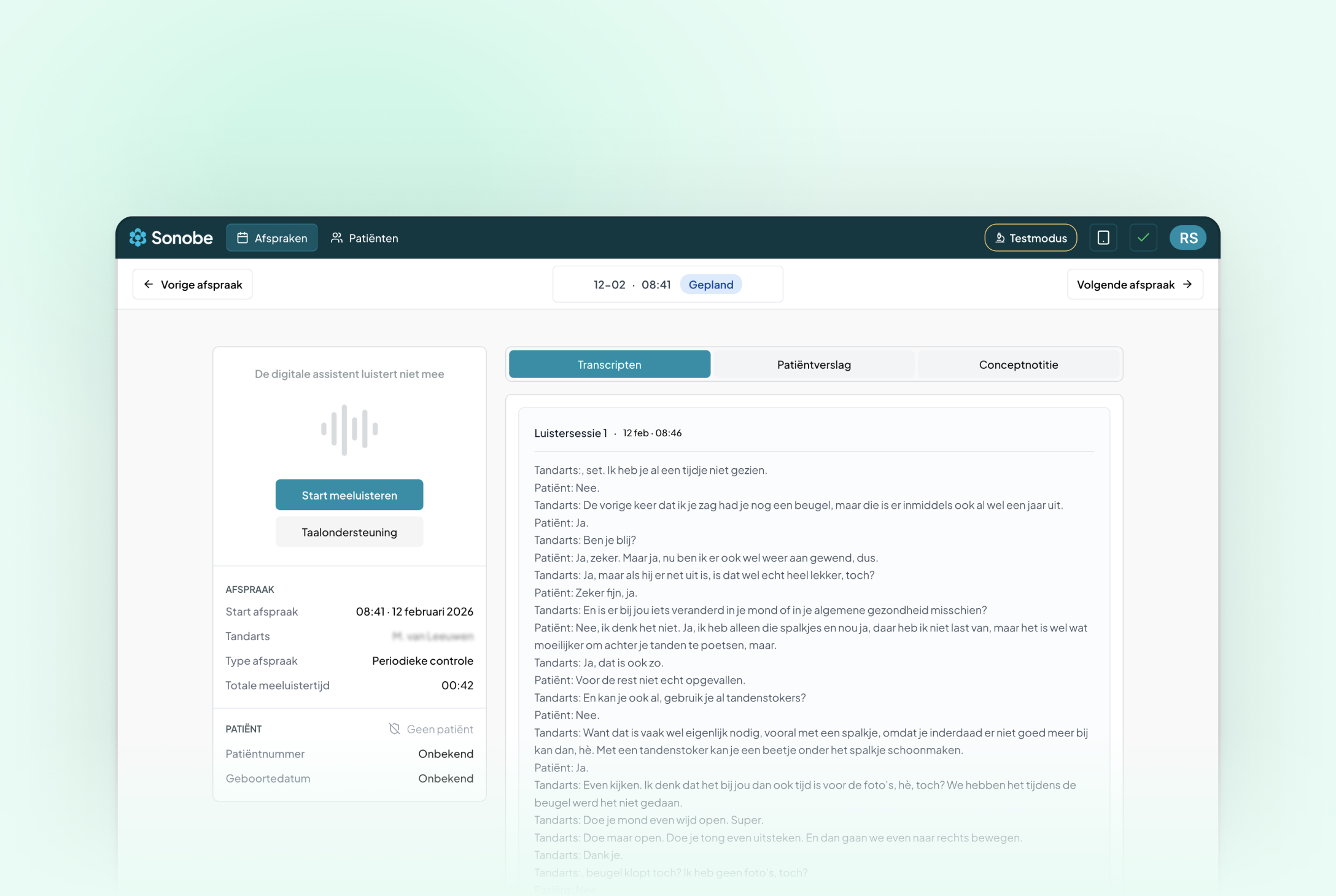 Digital dental appointment interface showing patient details, notes with placeholder text, and options to start listening and generate patient reports.