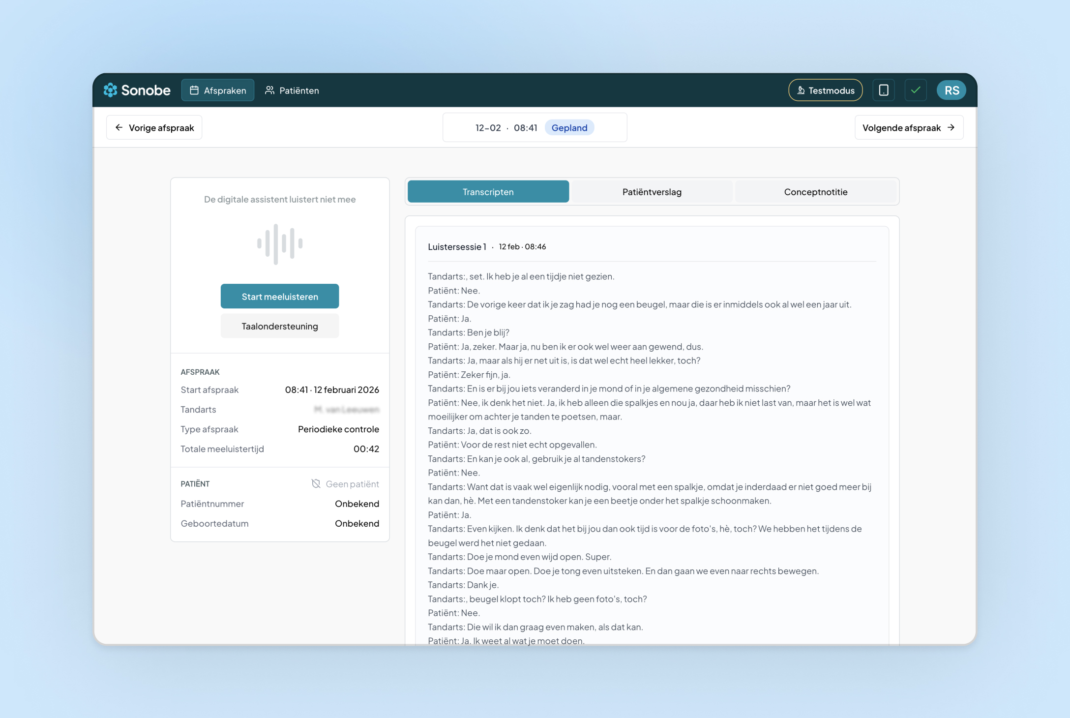 Dashboard screen for Sonobe dental app showing appointment details, patient information, dental notes, and a button to generate patient report.